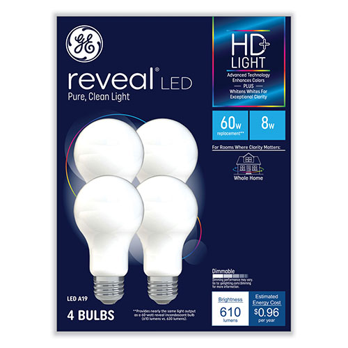 GE Reveal HD+ LED A19 Light Bulb, 8 W, 4/Pack -  93129439