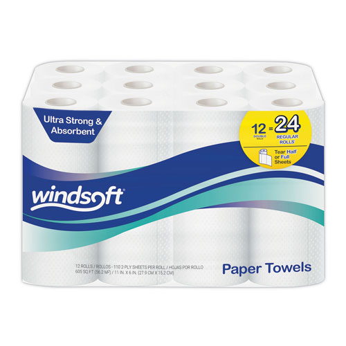 Windsoft Premium Kitchen Roll Towels, 2 Ply, 11 x 6, White, 110/Roll, -  12216