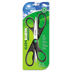 Westcott® KleenEarth Scissors, 8" Long, 3.25" Cut Length, Black Straight Handles, 2/Pack