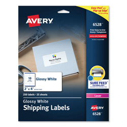 Avery Glossy White Easy Peel Mailing Labels w/ Sure Feed Technology, Laser Printers, 2 x 4, White, 10/Sheet, 25 Sheets/Pack