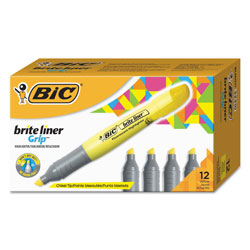 Bic Brite Liner Tank-Style Highlighter, Chisel Tip, Fluorescent Yellow, Dozen