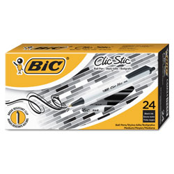 Bic Clic Stic Retractable Ballpoint Pen, Medium 1 mm, Black Ink, White Barrel, 24/Pack