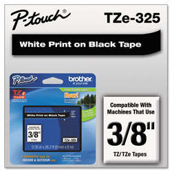 Brother TZe Standard Adhesive Laminated Labeling Tape, 0.35" x 26.2 ft, White on Black