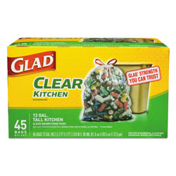 Glad Recycling Tall Kitchen Drawstring Trash Bags, 13 gal, 0.9 mil, 24" x 27.38", Clear, 45/Box