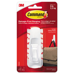 Command® General Purpose Hooks, Large, 5 lb Cap, White, 1 Hook and 2 Strips/Pack