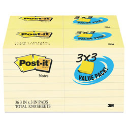 Post-it® Original Pads in Canary Yellow, Value Pack, 3" x 3", 90 Sheets/Pad, 36 Pads/Pack
