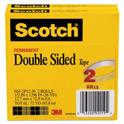 Scotch™ Double-Sided Tape, 3" Core, 0.5" x 36 yds, Clear, 2/Pack