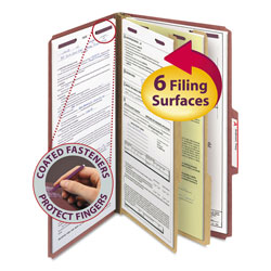 Smead Pressboard Classification Folders with SafeSHIELD Coated Fasteners, 2/5 Cut, 2 Dividers, Legal Size, Red, 10/Box