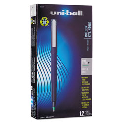 Uni-Ball Stick Roller Ball Pen, Fine 0.7mm, Green Ink, Black Matte Barrel, Dozen