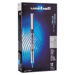 Uni-Ball VISION Stick Roller Ball Pen, Micro 0.5mm, Blue Ink, Blue/Gray Barrel, Dozen