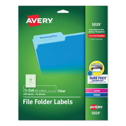 Avery Clear Permanent File Folder Labels with Sure Feed Technology, 0.66 x 3.44, Clear, 30/Sheet, 15 Sheets/Pack