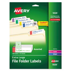 Avery Extra-Large TrueBlock File Folder Labels with Sure Feed Technology, 0.94 x 3.44, White, 18/Sheet, 25 Sheets/Pack