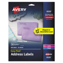 Avery Glossy Clear Easy Peel Mailing Labels w/ Sure Feed Technology, Inkjet/Laser Printers, 0.66 x 1.75, 60/Sheet, 10 Sheets/PK