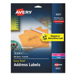 Avery Glossy Clear Easy Peel Mailing Labels w/ Sure Feed Technology, Inkjet/Laser Printers, 1 x 2.63, 30/Sheet, 10 Sheets/Pack