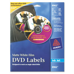 Avery Inkjet DVD Labels, Matte White, 20/Pack