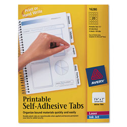 Avery Printable Plastic Tabs with Repositionable Adhesive, 1/5-Cut Tabs, White, 1.25" Wide, 96/Pack