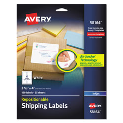Avery Repositionable Shipping Labels w/SureFeed, Inkjet, 3 1/3 x 4, White, 150/Box