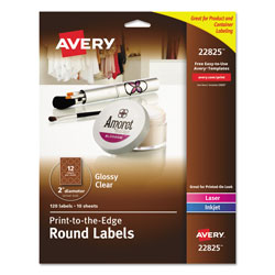 Avery Round Print-to-the Edge Labels with Sure Feed and Easy Peel, 2" dia, Glossy Clear, 120/PK
