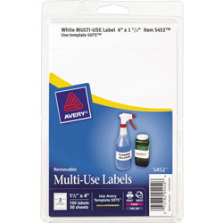 Avery Self Adhesive White Removable Labels, Rectangular, 1 1/2"x4", 150 per Pack