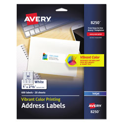 Avery Vibrant Inkjet Color-Print Labels w/ Sure Feed, 1 x 2 5/8, Matte White, 600/PK