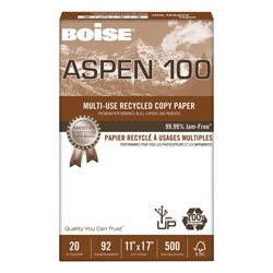 Boise ASPEN 100 Multi-Use Recycled Paper, 92 Bright, 20 lb Bond Weight, 11 x 17, White, 500/Ream