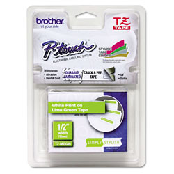 Brother TZ Standard Adhesive Laminated Labeling Tape, 0.47" x 16.4 ft, White/Lime Green