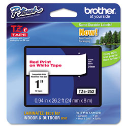 Brother TZe Standard Adhesive Laminated Labeling Tape, 0.94" x 26.2 ft, Red on White