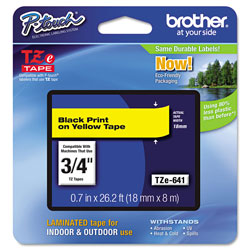 Brother TZe Standard Adhesive Laminated Labeling Tape, 0.7" x 26.2 ft, Black on Yellow