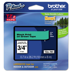 Brother TZe Standard Adhesive Laminated Labeling Tape, 0.7" x 26.2 ft, Black on Green