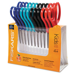 Fiskars Kids/Student Scissors, Rounded Tip, 5" Long, 1.75" Cut Length, Assorted Straight Handles, 12/Pack