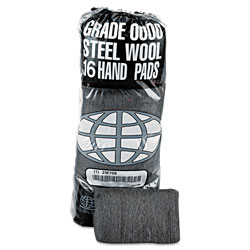 Global Material Industrial-Quality Steel Wool Hand Pad, #0 Fine, 16/PK, 12 PK/CT