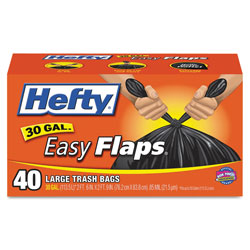 Hefty Easy Flaps Trash Bags, 30 gal, 0.85 mil, 30" x 33", Black, 240/Carton
