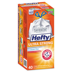 Hefty Ultra Strong Tall Kitchen and Trash Bags, 13 gal, 0.9 mil, 23.75" x 24.88", White, 40/Box