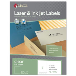 Maco Tag & Label Laser/Inkjet Matte Clear Full Sheet Labels, Inkjet/Laser Printers, 8.5 x 11, Clear, 50/Box