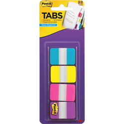 Post-it® 1" Wide Tabs with Dispenser, Aqua, Pink, Violet, Yellow, 88/Pack