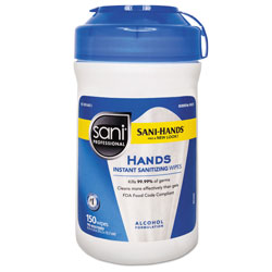 Sani Professional Hands Instant Sanitizing Wipes, 6 x 5, White, 150/Canister