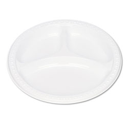 Tablemate Disposable 9" Plastic Plates, 3 Compartment, White, Pack of 125