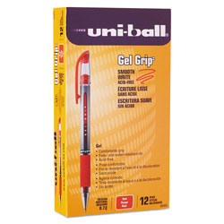Uni-Ball Signo GRIP Stick Gel Pen, Medium 0.7mm, Red Ink, Silver/Red Barrel, Dozen