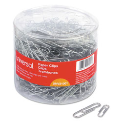 Universal Plastic-Coated Paper Clips with One-Compartment Storage Tub, (750) #1 (1.3"), (250) Jumbo (2"), Silver