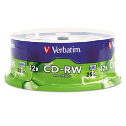 Verbatim CD-RW Discs, 700MB/80min, 4X/12X, Spindle, 25/Pk