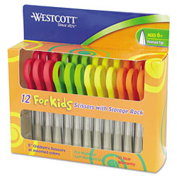 Westcott® For Kids Scissors, Pointed Tip, 5" Long, 1.75" Cut Length, Assorted Straight Handles, 12/Pack