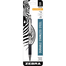 Zebra Pen G-301 Retractable Gel Pen, Medium 0.7 mm, Black Ink, Stainless Steel/Black Barrel