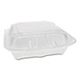 Pactiv Foam Hinged Lid Containers, Dual Tab Lock Economy, 8.42 x 8.15 x 3, 3-Compartment, White, 150/Carton