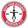 Accuform® Slip-Gard Social Distance Floor Signs, 12" Circle, "Keep Your Distance Maintain 6 Ft", Human/Arrows, Red/White, 25/Pack