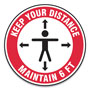 Accuform® Slip-Gard Social Distance Floor Signs, 17" Circle, "Keep Your Distance Maintain 6 Ft", Human/Arrows, Red/White, 25/Pack