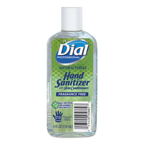 Dial Antibacterial Gel Hand Sanitizer with Moisturizers, 4 oz Flip-Top Bottle, 24/Ctn