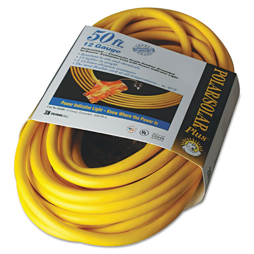 Coleman Cable Polar/Solar Outdoor Extension Cord, 50ft, Three-Outlets, Yellow