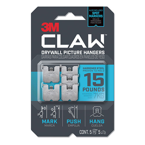 3M Claw Drywall Picture Hanger, Holds 15 lbs, 5 Hooks and 5 Spot Markers, Stainless Steel