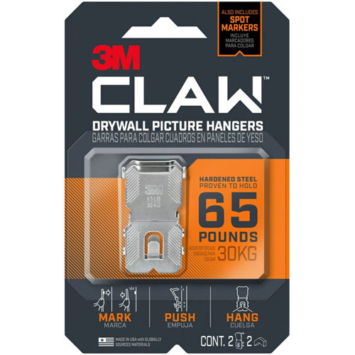 3M CLAW Drywall Picture Hanger - 65 lb (29.48 kg) Capacity - 2", for Pictures, Project, Mirror, Frame, Home, Decoration - Steel - Gray - 2 / Pack