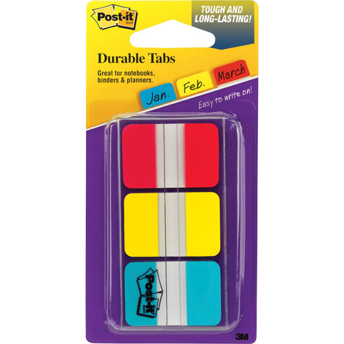 3M Durable Index Tabs, 1" x 1-1/2" 36 Tabs/PK, Red/Blue/Yellow